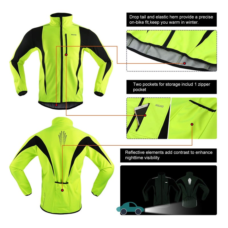 ARSUXEO Winter Warm UP Thermal Softshell Cycling Jacket Windproof Waterproof Bicycle Mountain Bike Clothes 15-K Green Size Medium - Image 4